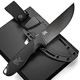 ODENWOLF W-FLAT Full Tang Survival Knife with Sheath - Stylish Tactical Fixed Blade - Made of D2 Steel - Bushcraft and Camping Knife Survival - Perfect EDC Hunting Knife with TPE Handle