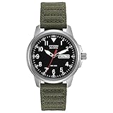 Citizen Men's Eco-Drive Weekender Garrison Field Watch in Stainless Steel with Olive Nylon strap, Black Dial (Model: BM8180-03E)