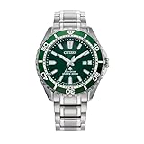 Citizen Men's Promaster Sea Eco-Drive Stainless Steel Watch, 3-Hand Date, One-Way Rotating Bezel, ISO Compliant, Luminous Hands and Markers, Green Dial (Model: BN0199-53X)