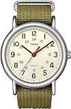 Timex Unisex Weekender 38mm Watch – Silver-Tone Case Cream Dial with Olive Fabric Slip-Thru Strap