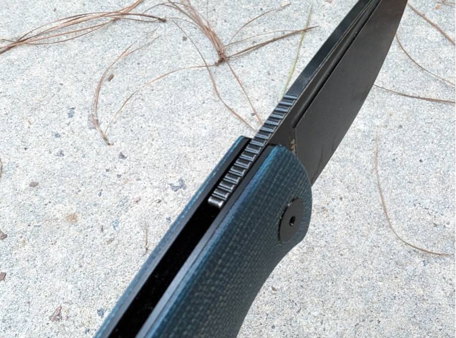 Close-up of Petrified Fish Beluga PFP01 folding knife showing front flipper deployment mechanism