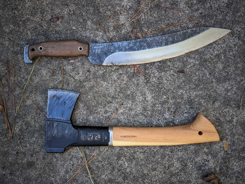 CRKT Mah-Chete size comparison to Fiskars hatchet